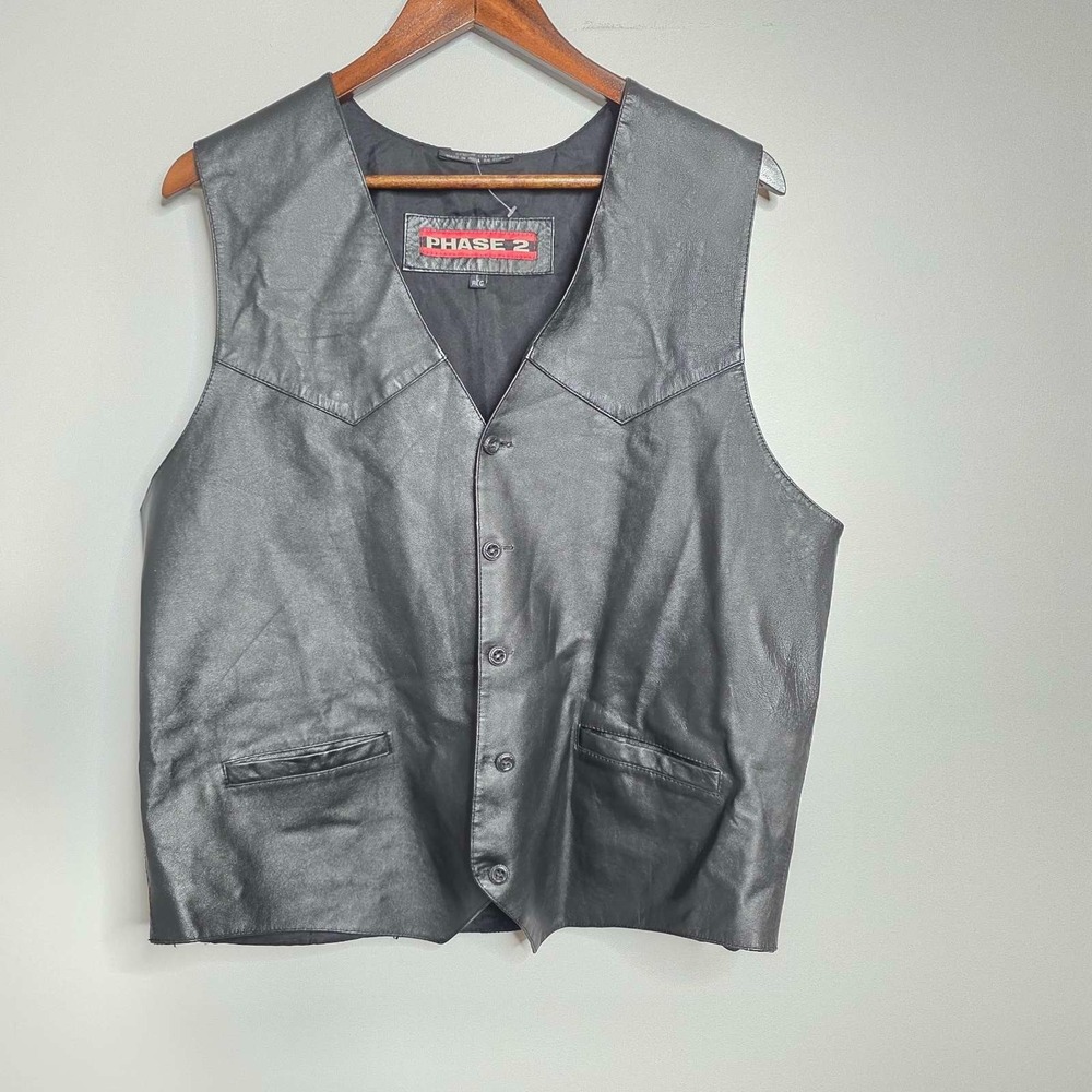 Vintage Phase 2 Leather Vest Men's L Large Black Motorcycle Waistcoat Pockets - Picture 9 of 13